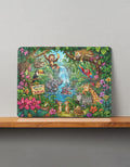 Colorful MDF wooden puzzle with jungle animals, waterfall, and "Welcome to the Jungle" sign, displayed on a wooden shelf