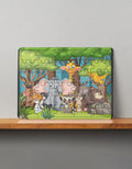 Colorful MDF wooden puzzle with cartoon forest animals including elephant, giraffe, bird, and others on a shelf