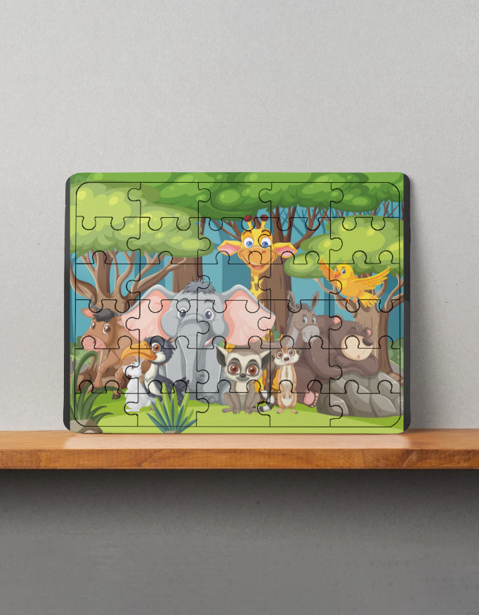 Colorful MDF wooden puzzle with cartoon forest animals including elephant, giraffe, bird, and others on a shelf
