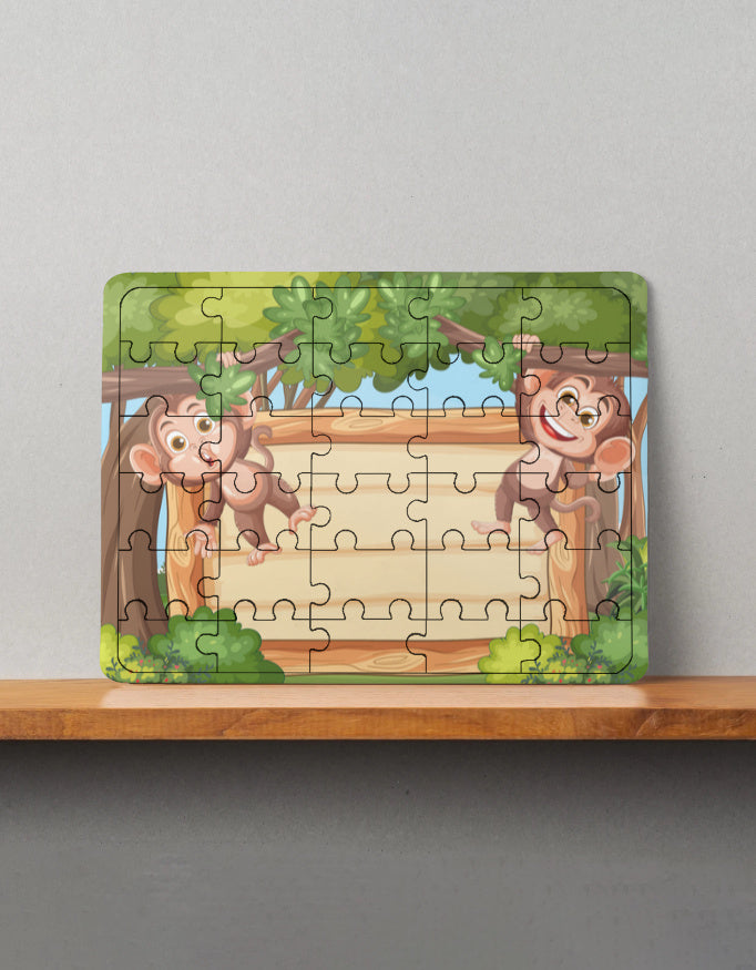 Rectangular MDF wooden puzzle with cartoon monkeys on trees and blank wooden sign in forest, front view on shelf