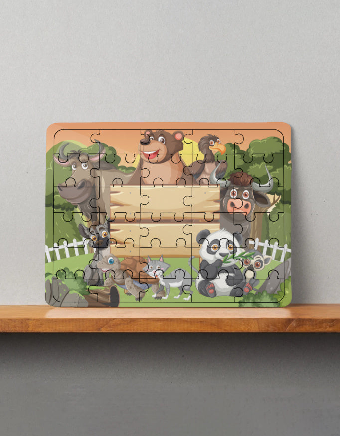 Rectangular MDF wooden puzzle with cartoon animals and a blank wooden sign in a green outdoor setting
