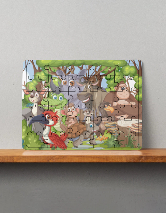 Colorful MDF wooden puzzle showing cartoon forest animals including deer, frog, bird, and bear on a shelf