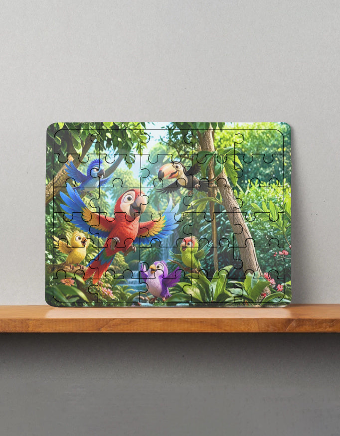 Colorful MDF wooden puzzle featuring animated tropical birds in a lush green jungle, displayed on a wooden shelf