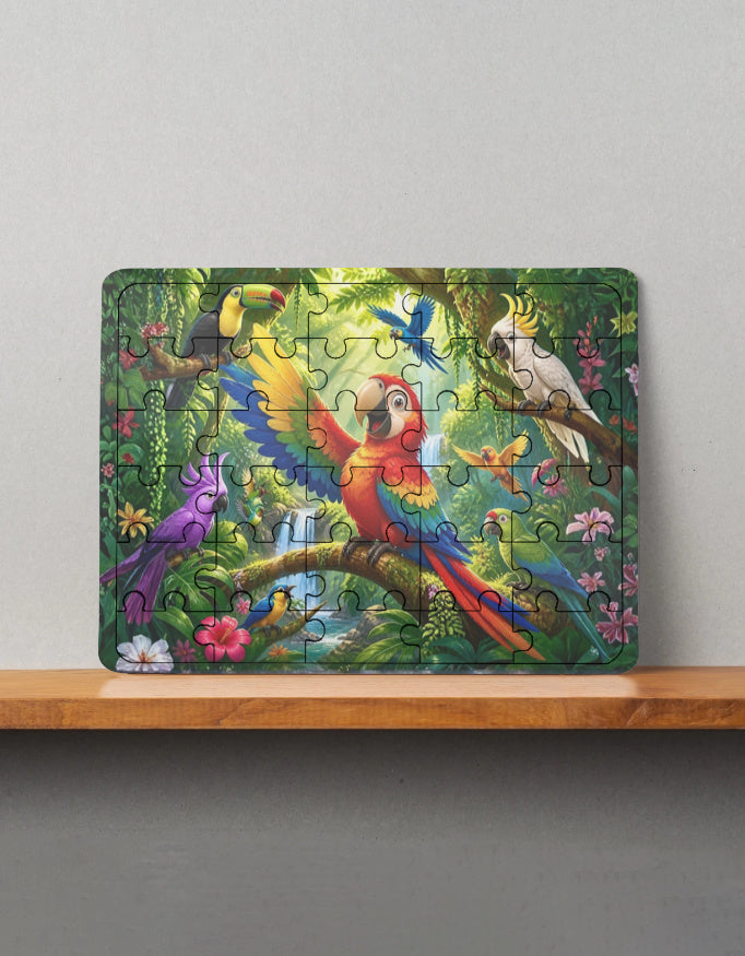 Colorful MDF wooden puzzle featuring tropical birds in a lush jungle scene, displayed on a wooden shelf