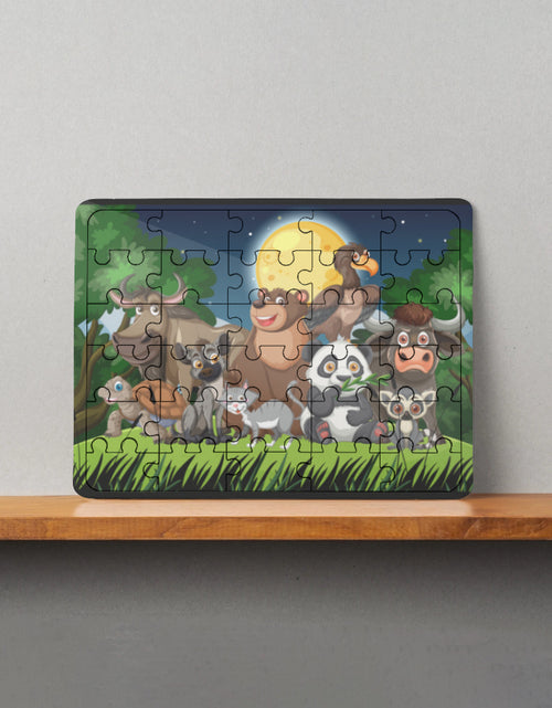 MDF wooden puzzle with cartoon animals including bear, panda, buffalo, and bird under a full moon at night