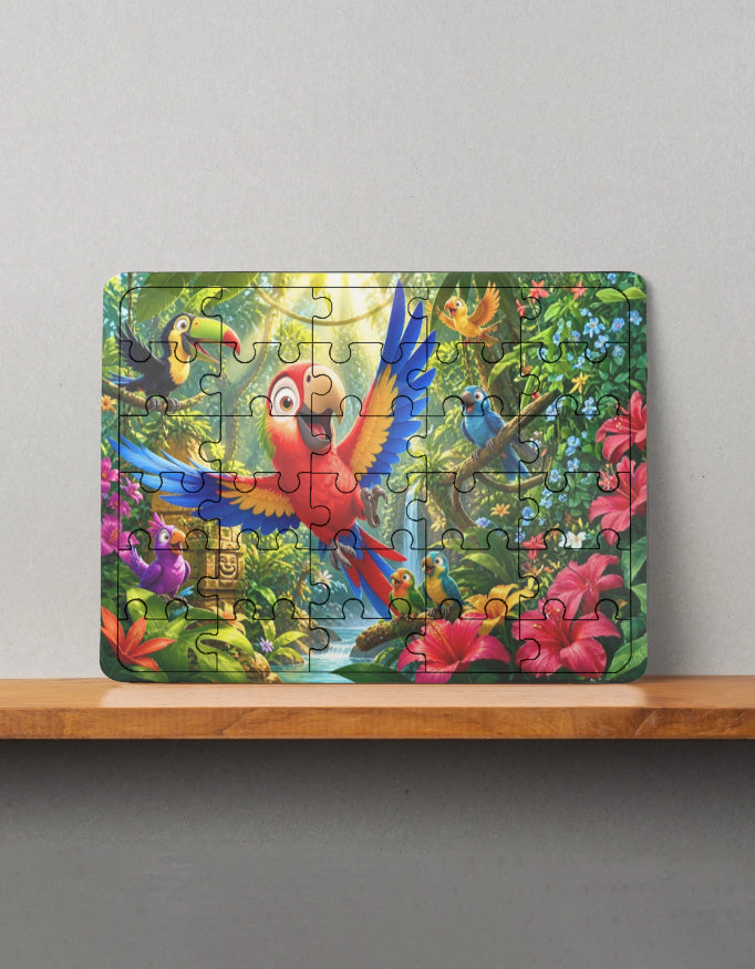 Colorful MDF wooden puzzle featuring tropical birds and flowers in a lush jungle scene, displayed on a wooden shelf