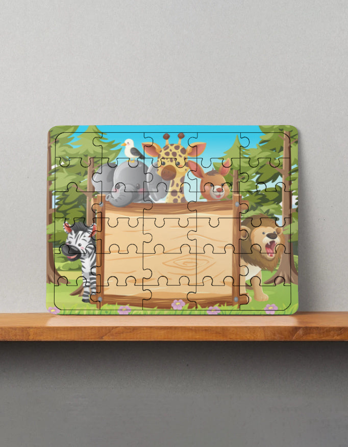 Colorful MDF wooden puzzle with cartoon jungle animals and blank wooden sign, displayed on a wooden shelf