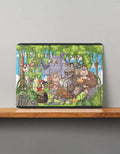 MDF wooden puzzle with colorful cartoon forest animals including rhino, monkey, deer, crocodile, and bird, assembled flat on shelf