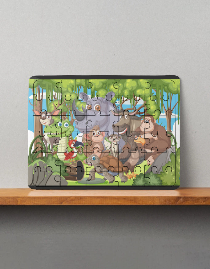 MDF wooden puzzle with colorful cartoon forest animals including rhino, monkey, deer, crocodile, and bird, assembled flat on shelf