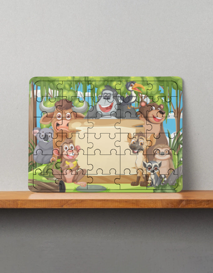 Colorful MDF wooden puzzle with cartoon jungle animals surrounding a blank beige sign, displayed on a wooden shelf