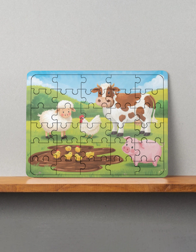 Colorful MDF wooden puzzle showing a farm scene with a cow, pig, sheep, chicken, and chicks on grass background